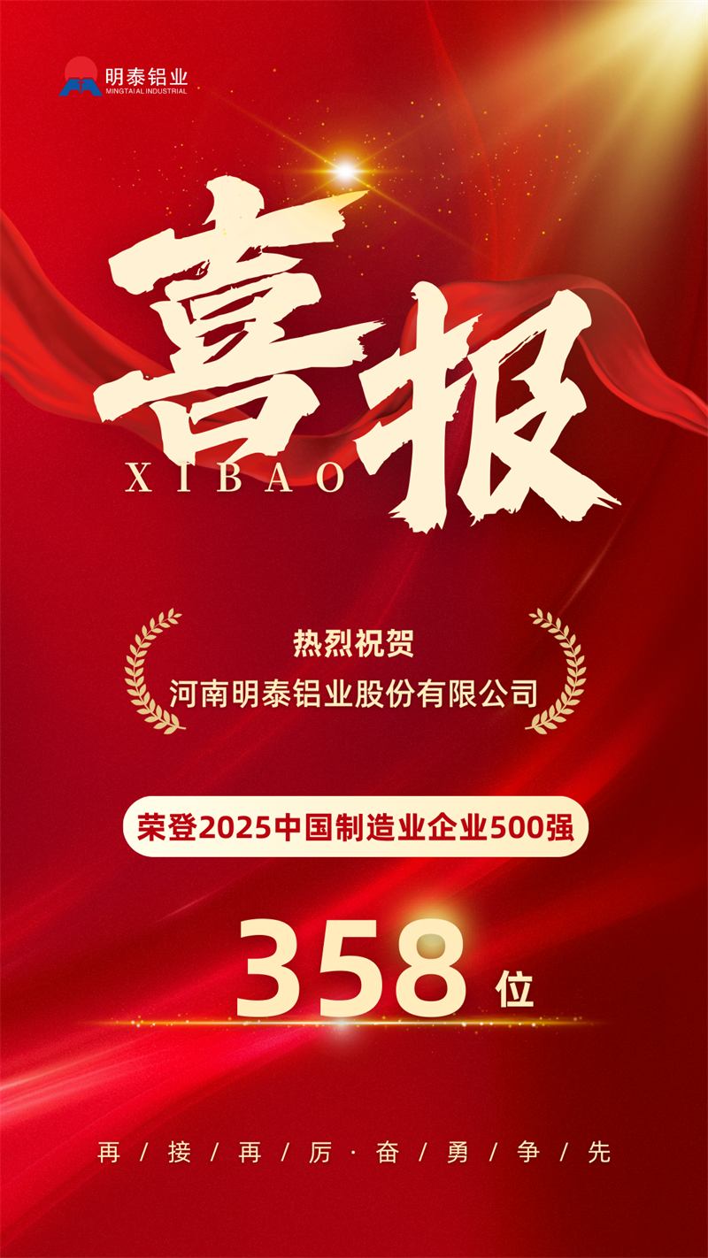 中國制造業(yè)企業(yè)500強，明泰鋁業(yè)上榜